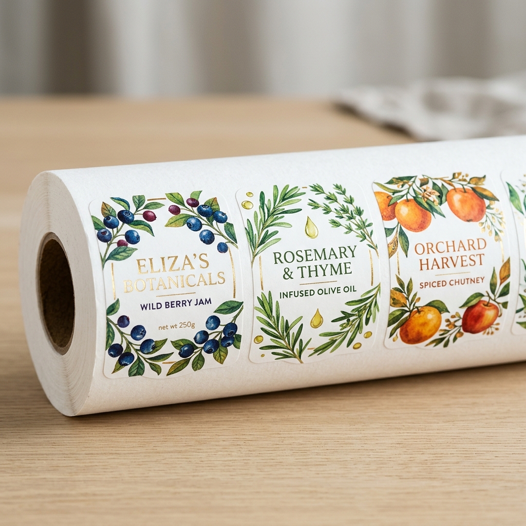 Nærbilde av trykte etiketter på rull